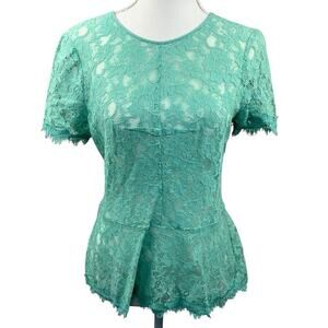 BCBG Maxazria Evia Mint Green Lace Peplum Hem Top Blouse Size M Short Sleeve